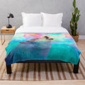 Plush blanket with cosmic wolf design in surreal dreamscape