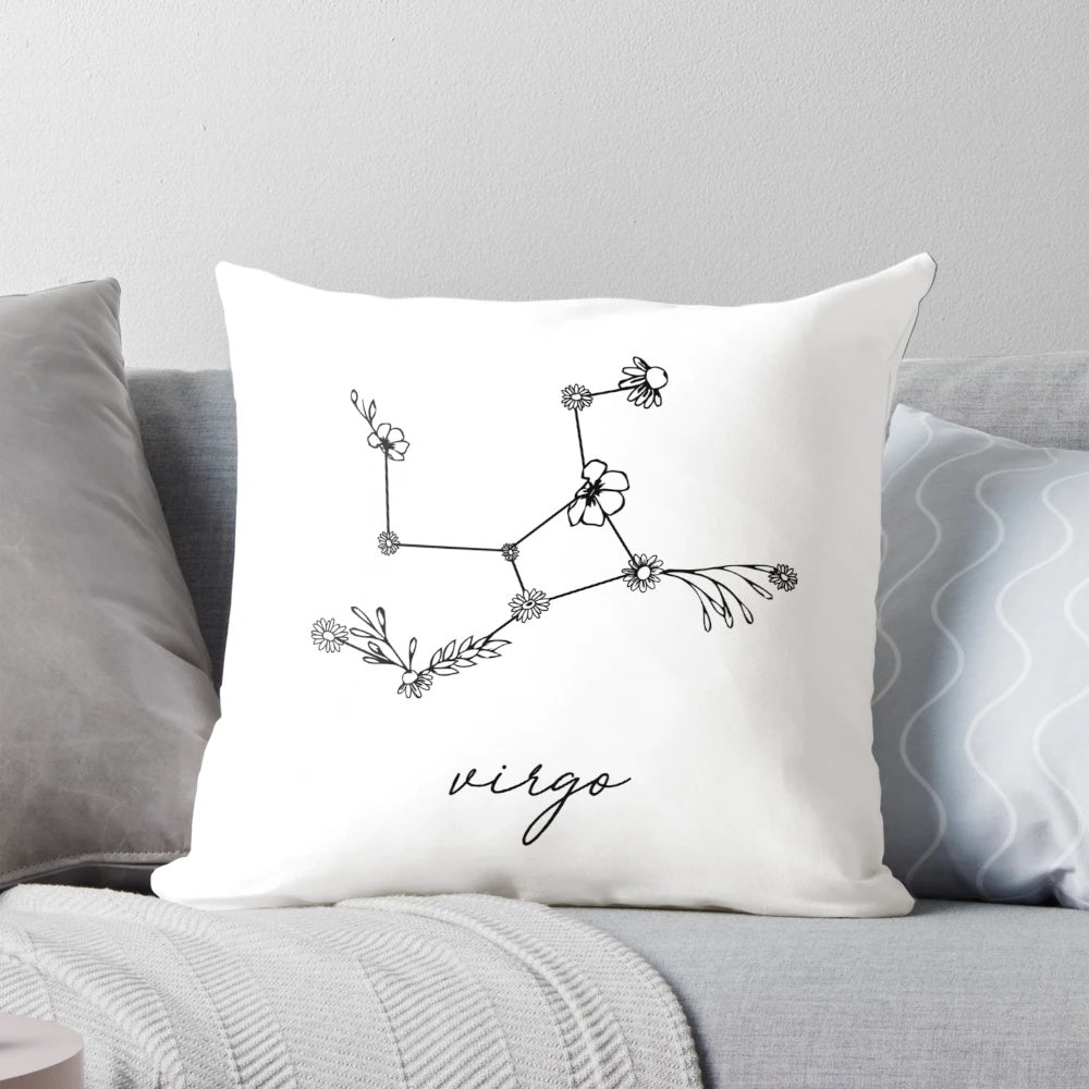 Virgo zodiac wildflower constellation throw pillow featuring a starry night sky and wildflowers