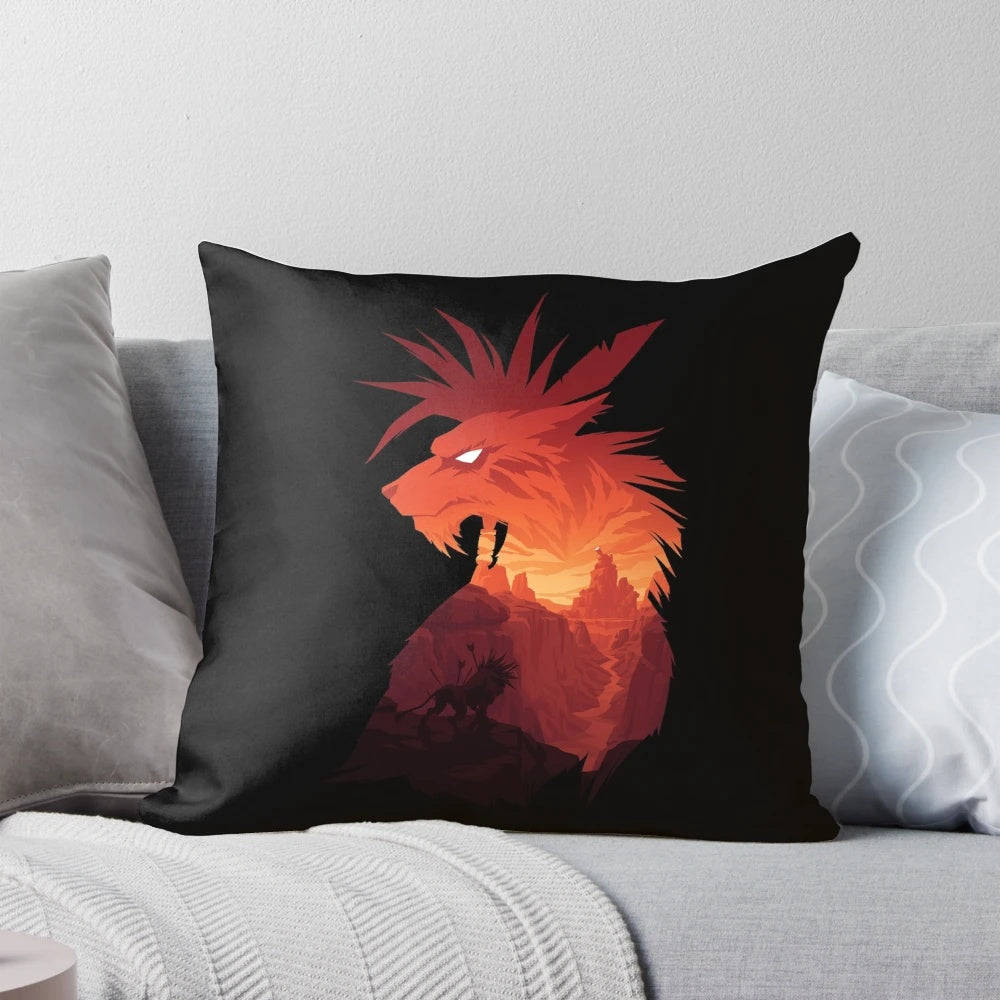 A black pillow featuring the character Red XIII from the video game Final Fantasy VII.
