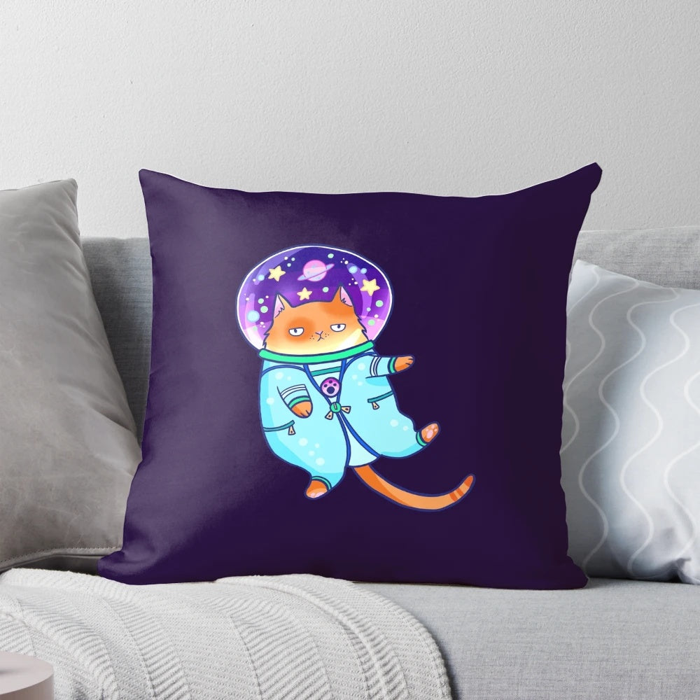Cosmonaut cat galaxy pillow with a cute space kitten design