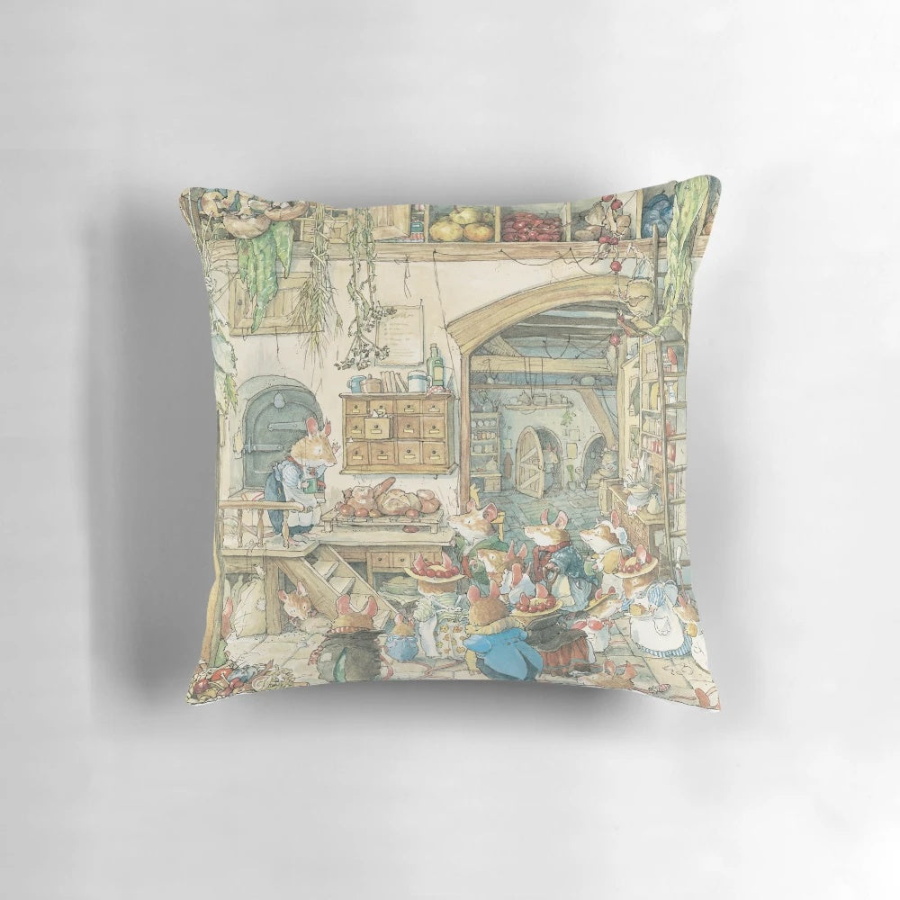 Brambly Hedge-inspired pillow featuring whimsical countryside scenes