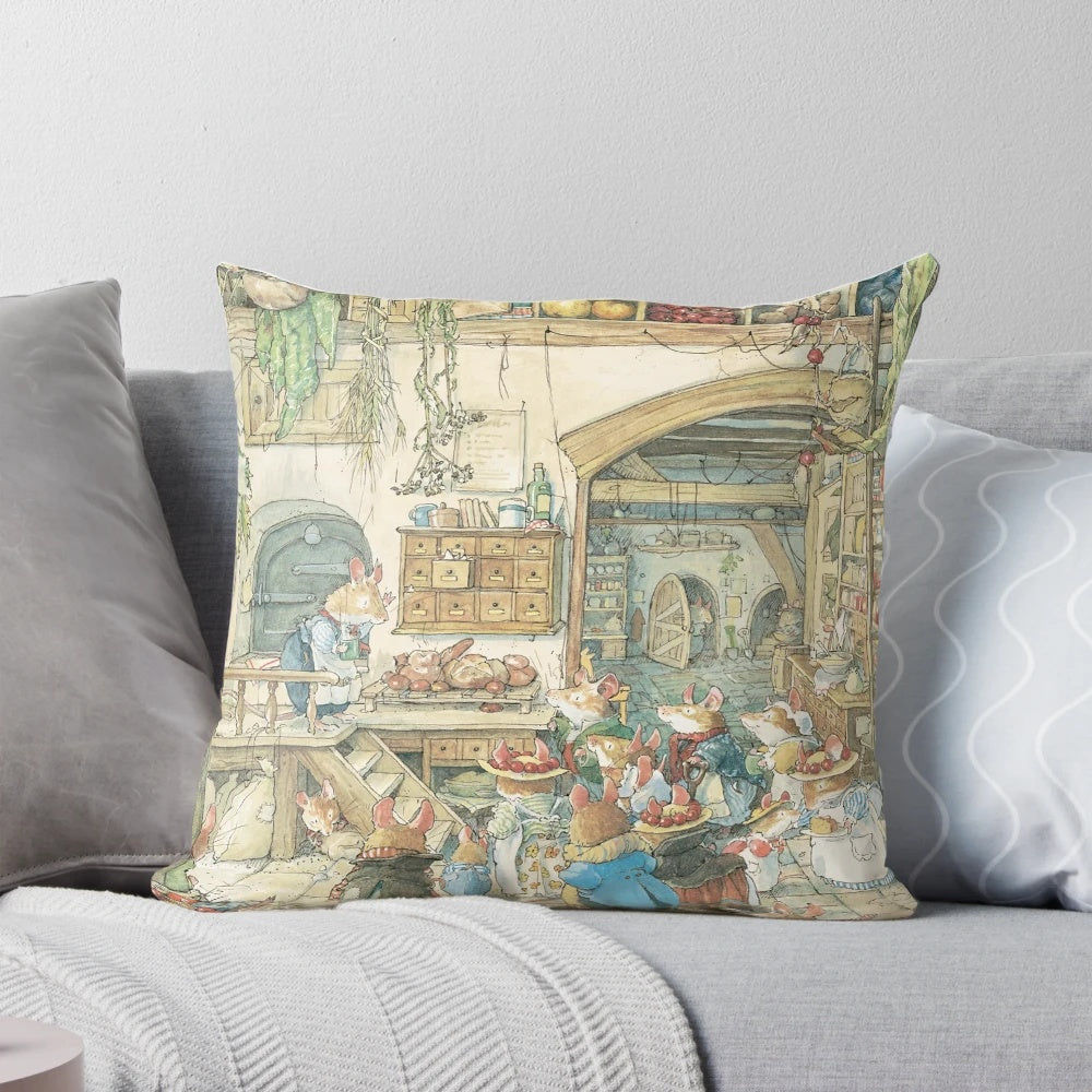 Brambly Hedge-inspired pillow featuring whimsical countryside scenes