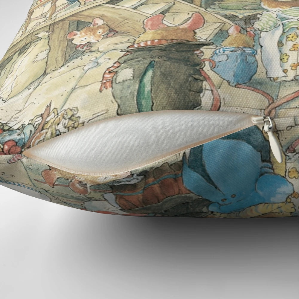 Brambly Hedge-inspired pillow featuring whimsical countryside scenes