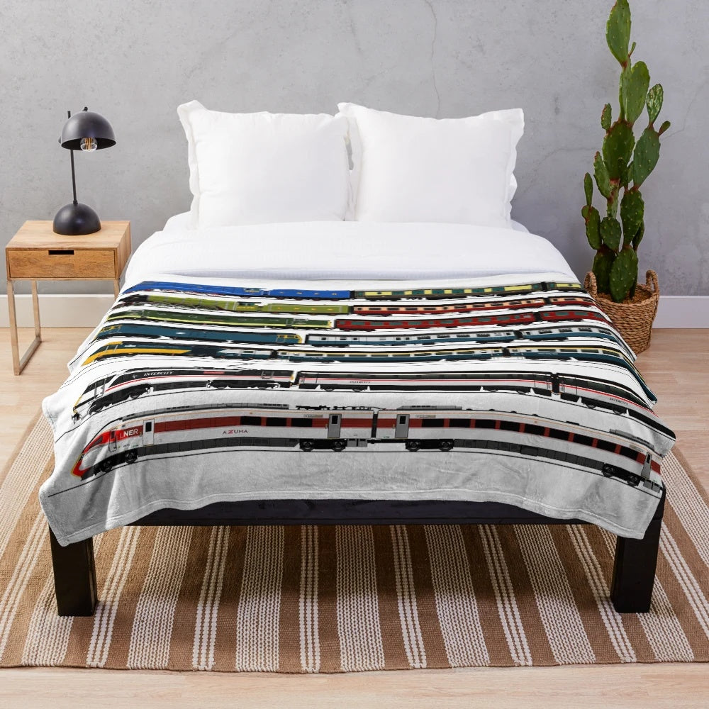 Plush blanket featuring a collage of iconic British trains and locomotives