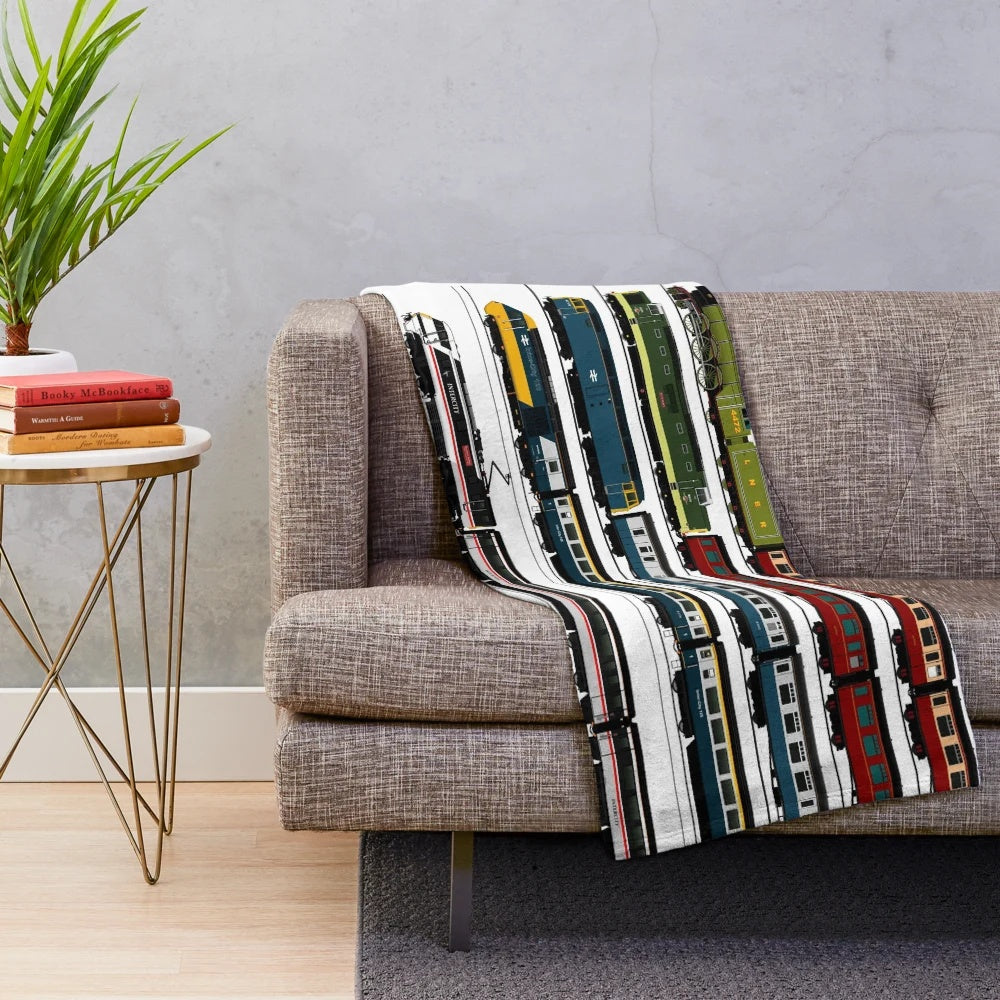 Plush blanket featuring a collage of iconic British trains and locomotives