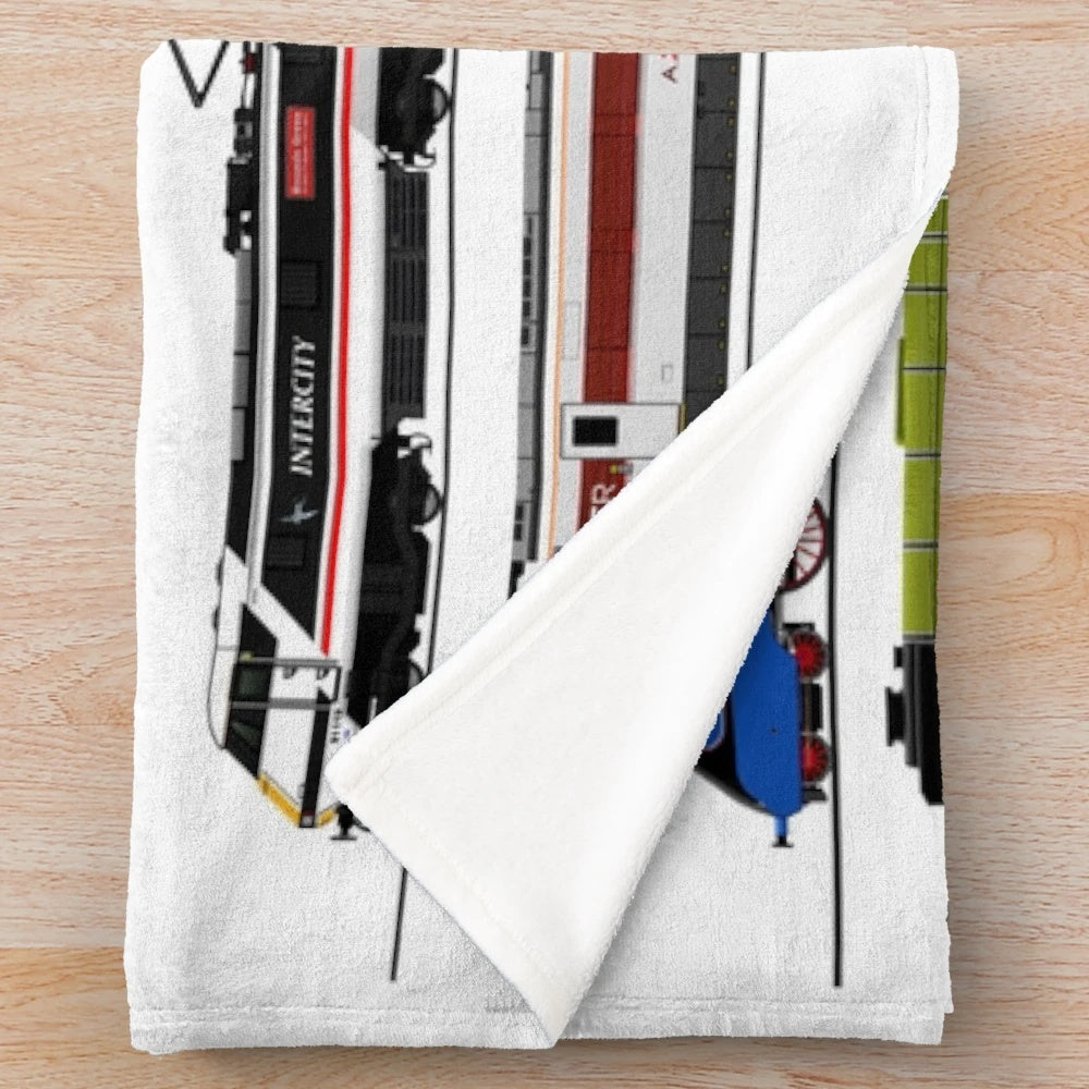 Plush blanket featuring a collage of iconic British trains and locomotives