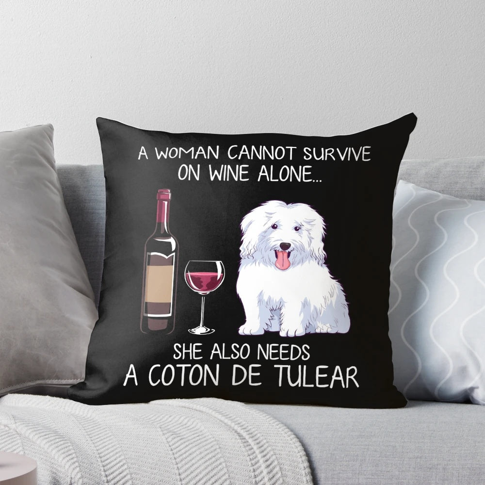 Coton de Tulear dog and wine-themed decorative pillow