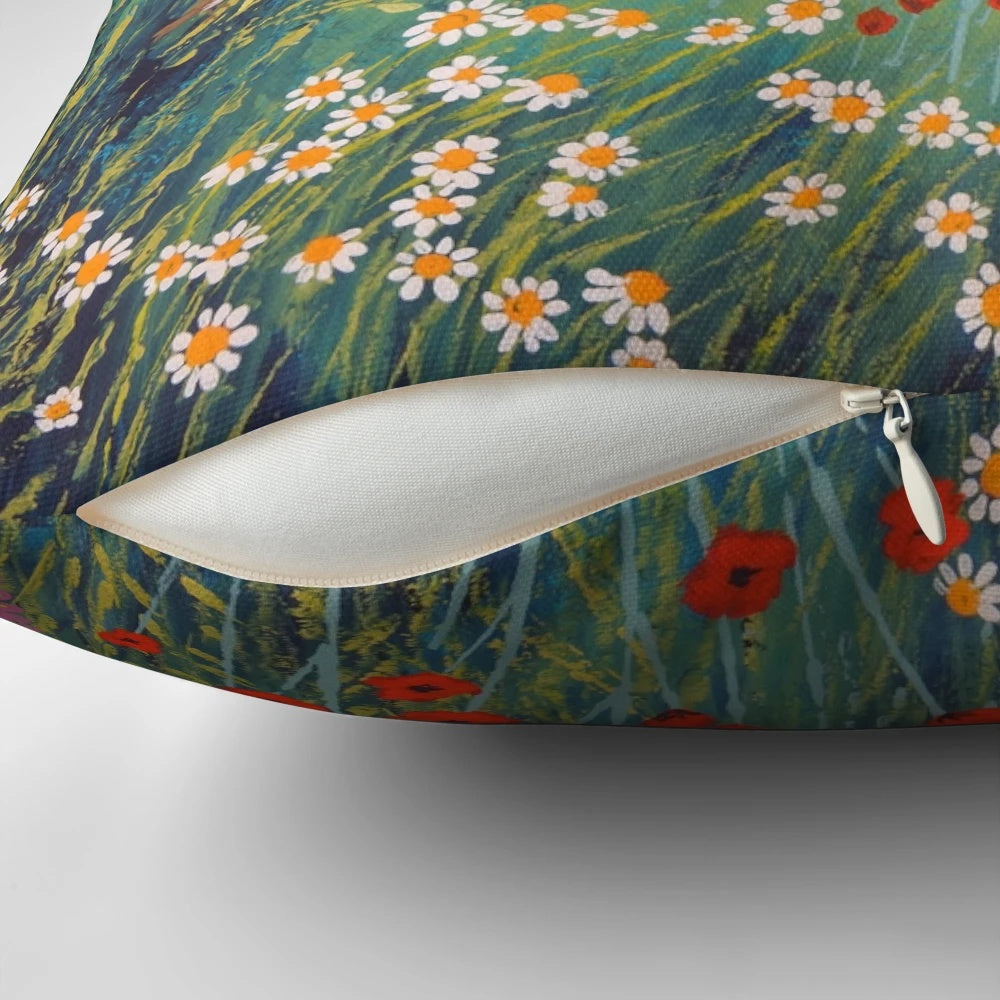 Pillow featuring a beautiful English countryside landscape with meadows, cottages, hares, and birds