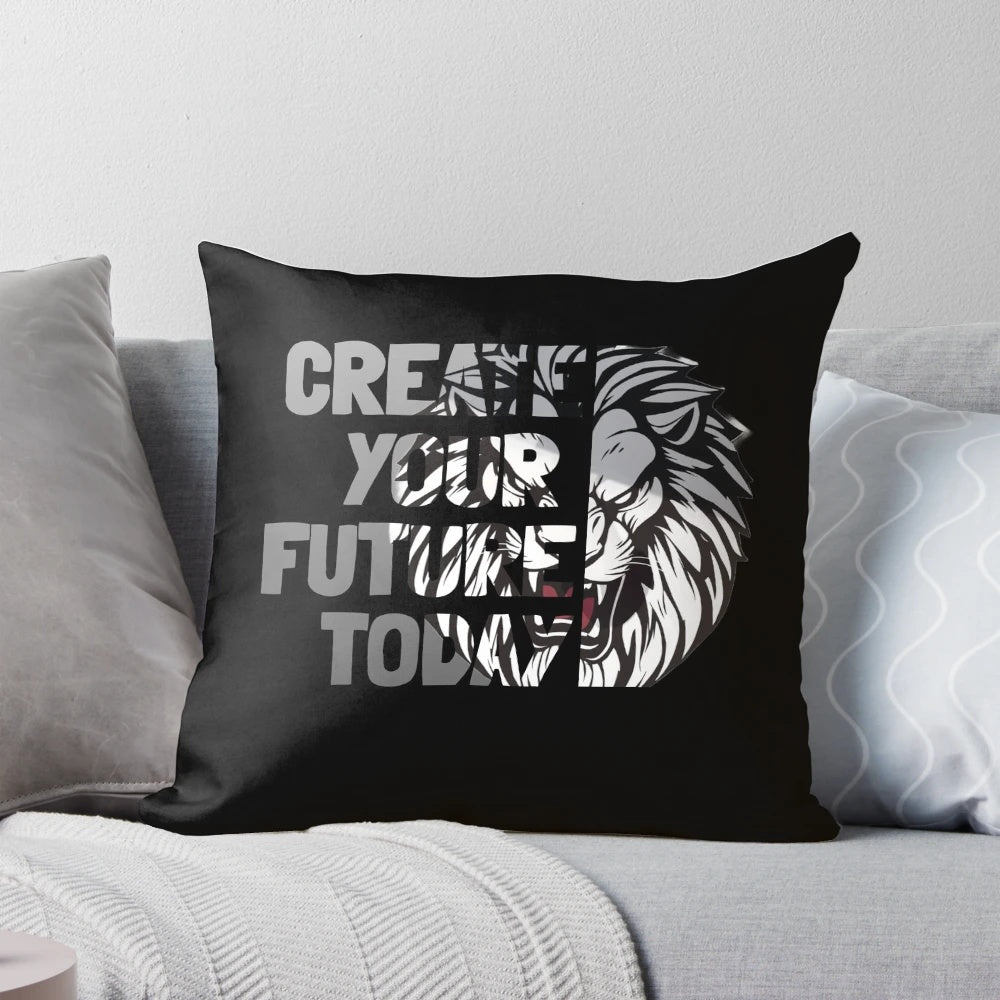 Inspirational lion art with a positive message, encouraging viewers to create their future with courage and strength.