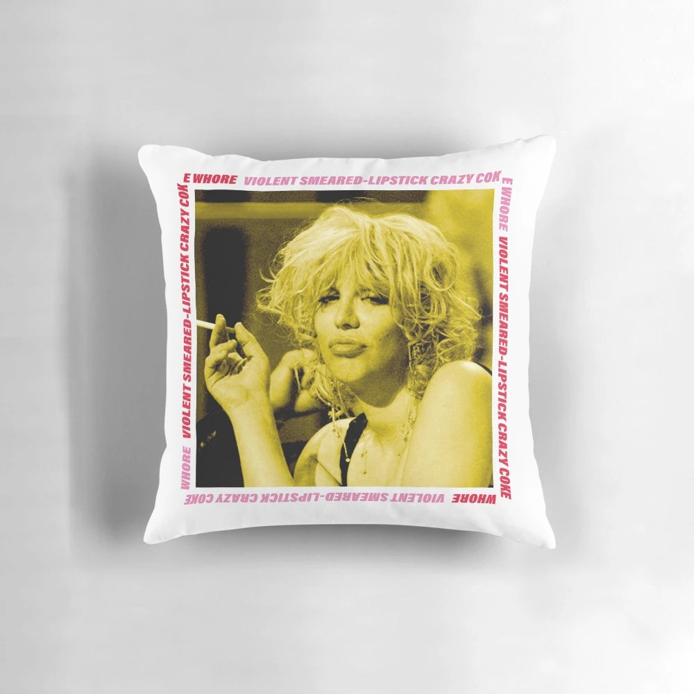 Courtney Love inspired sober pillow with 90s and 2000s pop culture references