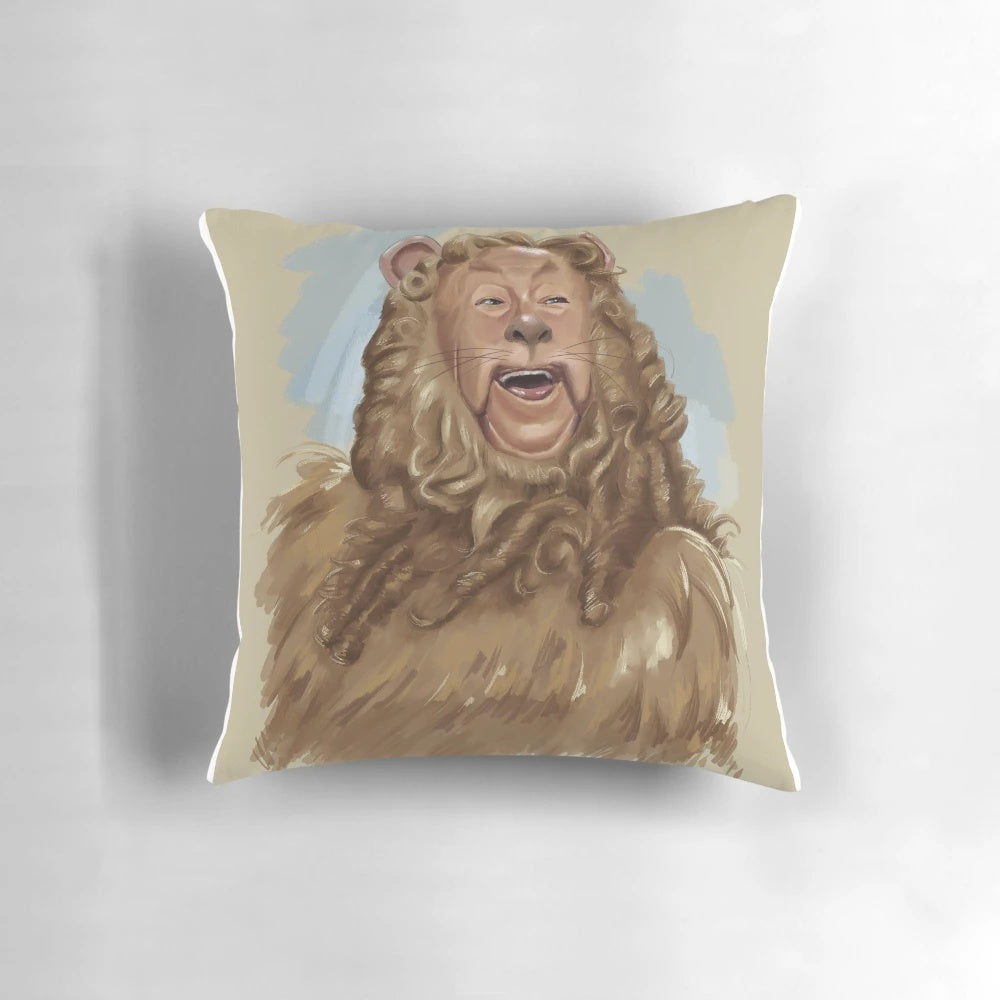 Cowardly Lion character from the Wizard of Oz movie, depicted in a digital painting on a decorative throw pillow.