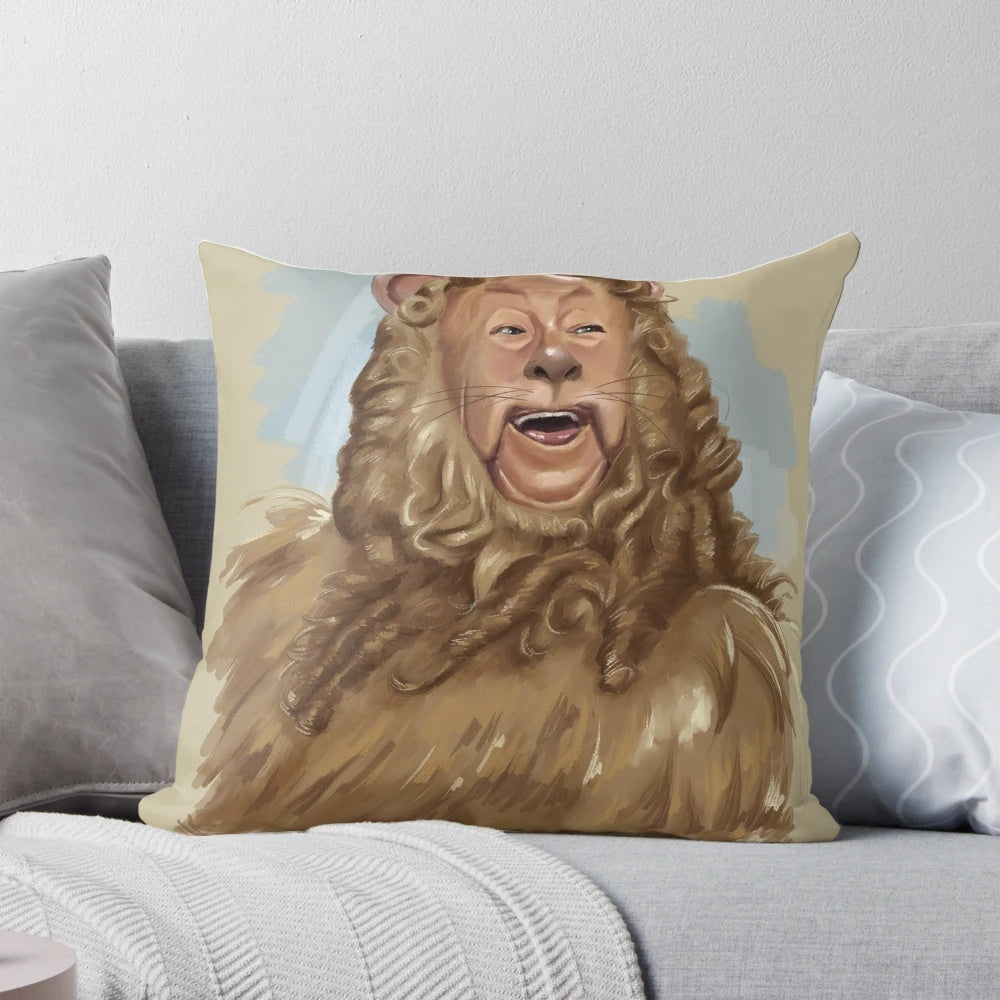 Cowardly Lion character from the Wizard of Oz movie, depicted in a digital painting on a decorative throw pillow.