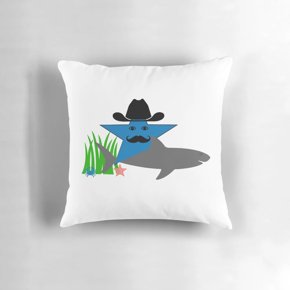 Colorful decorative pillow featuring a cowboy character in a western-themed design