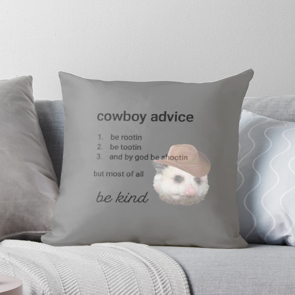 Cowboy-themed decorative pillow with a religious parody design