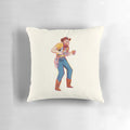 Colorful gouache illustration of a whimsical cowboy character on a throw pillow