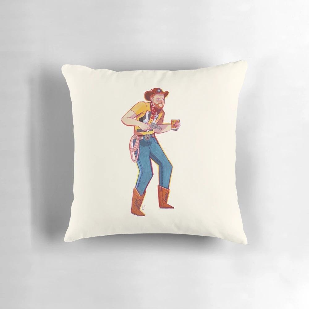 Colorful gouache illustration of a whimsical cowboy character on a throw pillow