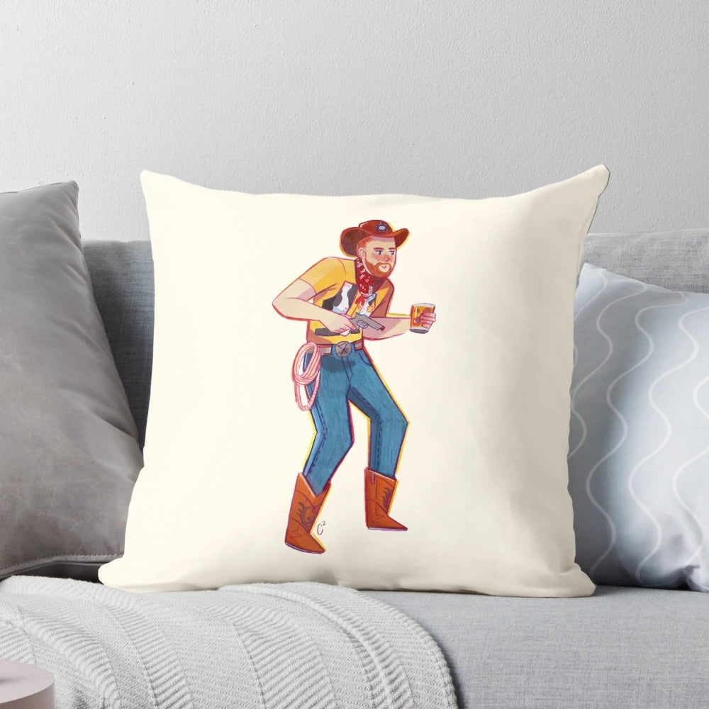 Colorful gouache illustration of a whimsical cowboy character on a throw pillow