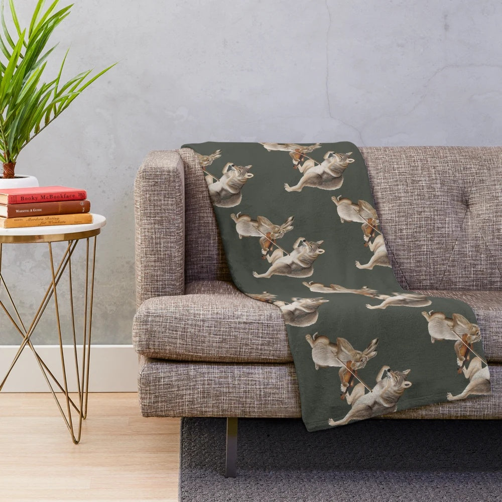 Coyote and hare plush blanket featuring animal musicians playing fiddle and harmonica