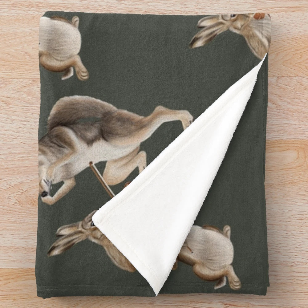 Coyote and hare plush blanket featuring animal musicians playing fiddle and harmonica