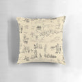 Cream-colored 100 Aker Wood Winnie the Pooh inspired pillow featuring characters and sketches from the beloved children's books.