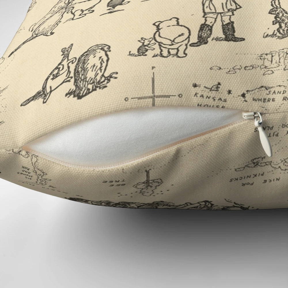 Cream-colored 100 Aker Wood Winnie the Pooh inspired pillow featuring characters and sketches from the beloved children's books.