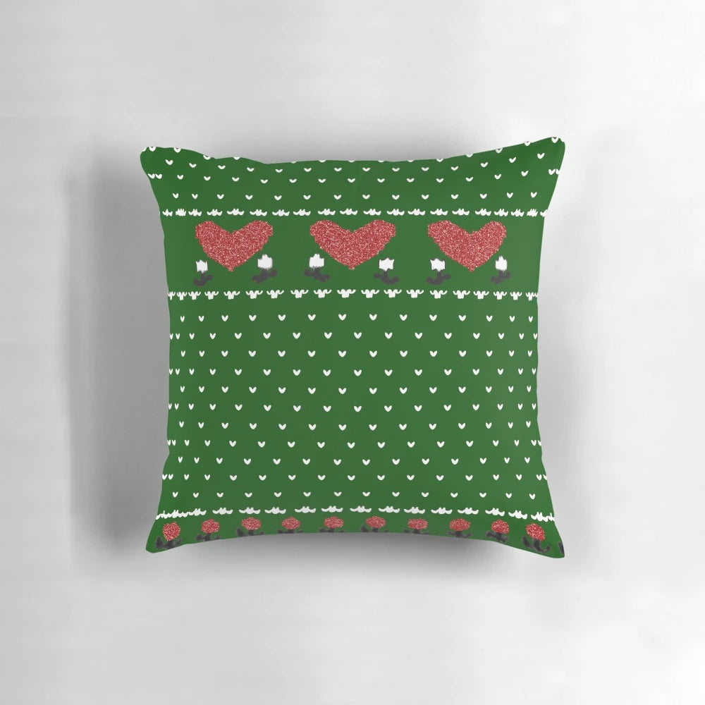80s-inspired Christmas sweater pillow with a red glitter heart design, perfect for fans of the movie "Christmas Vacation