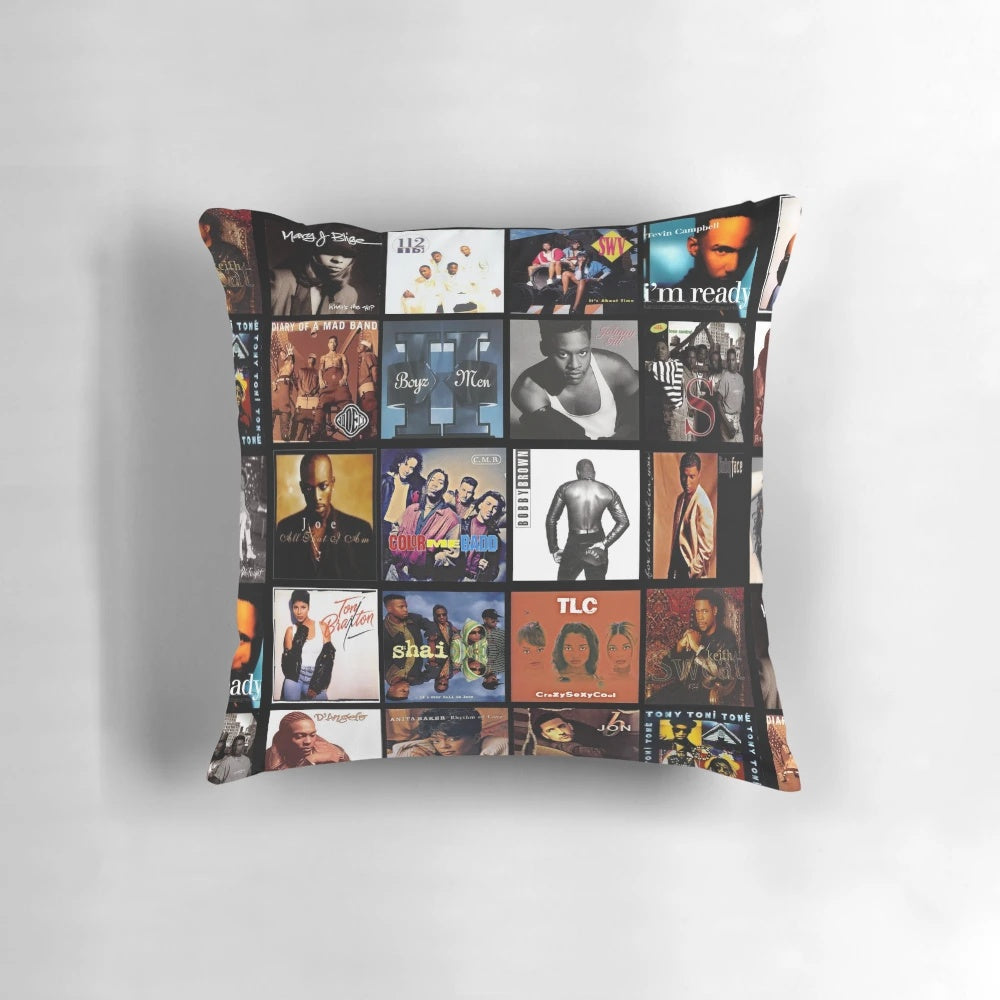90s R&B Classics Decorative Throw Pillow with Retro Music Design