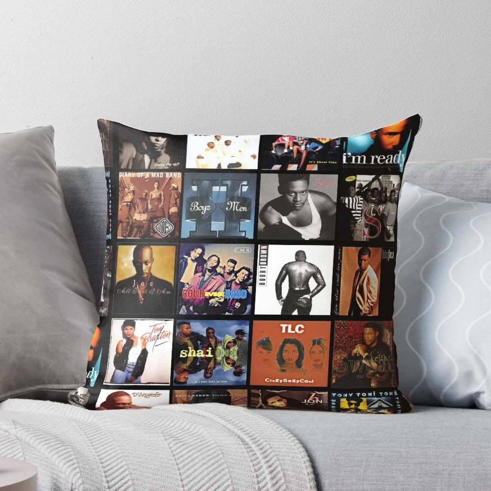 90s R&B Classics Decorative Throw Pillow with Retro Music Design