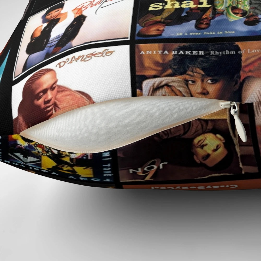 90s R&B Classics Decorative Throw Pillow with Retro Music Design