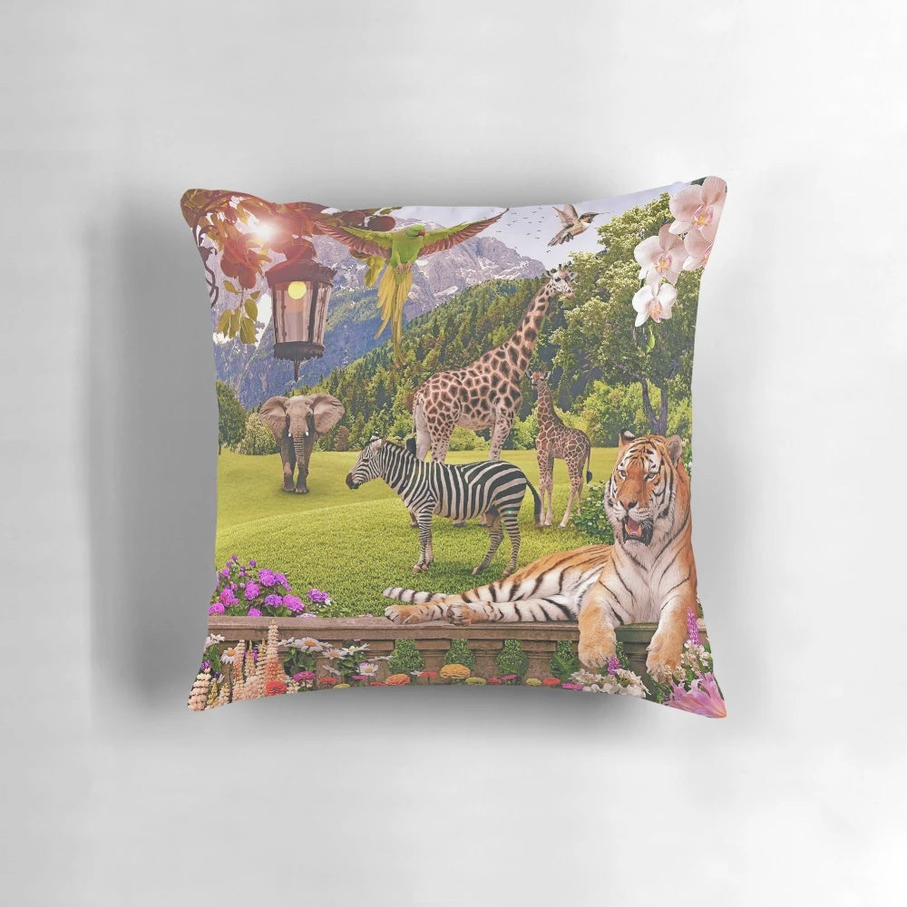 A Place Called Home" decorative pillow with animal print design