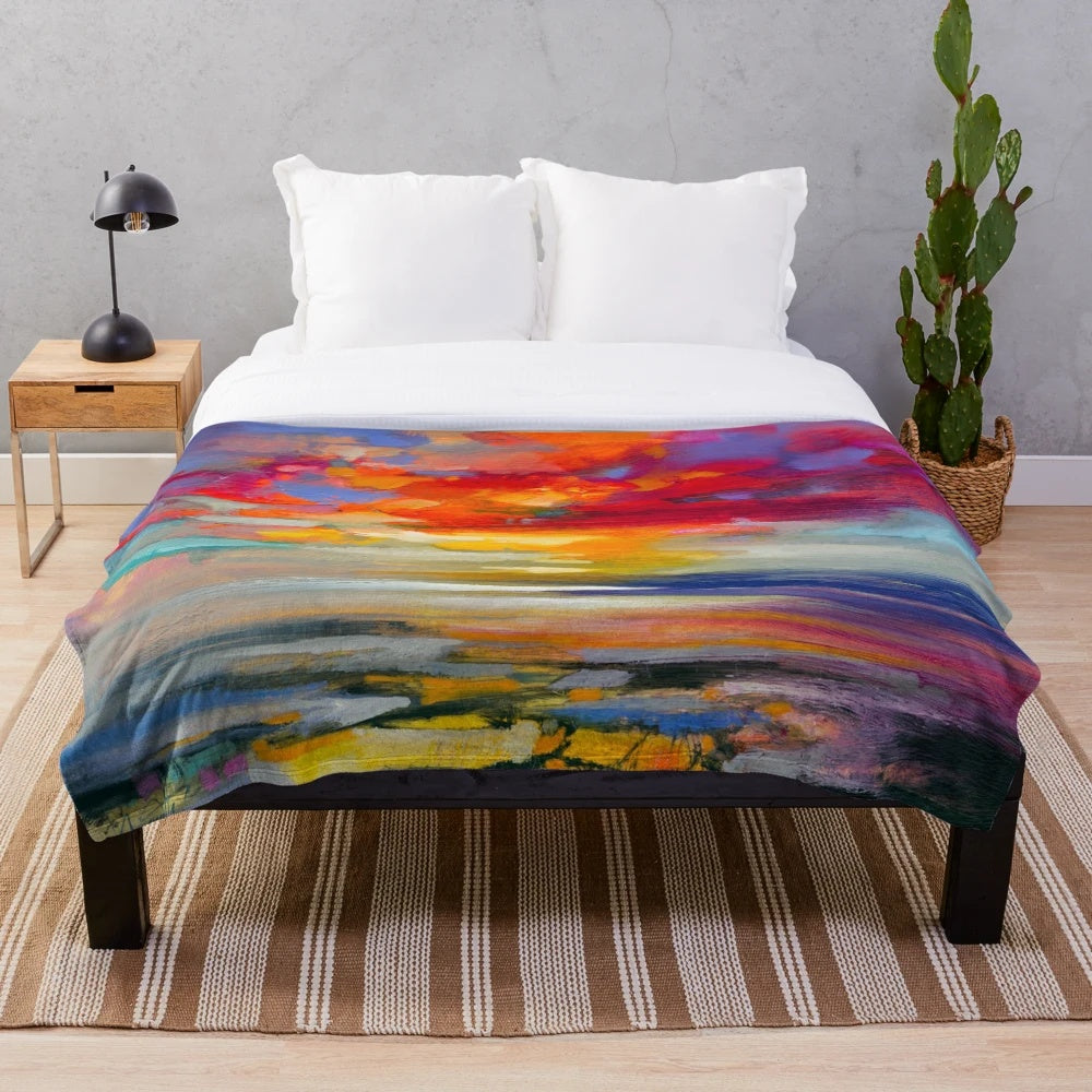 Vibrant abstract plush blanket with Scottish landscape motif