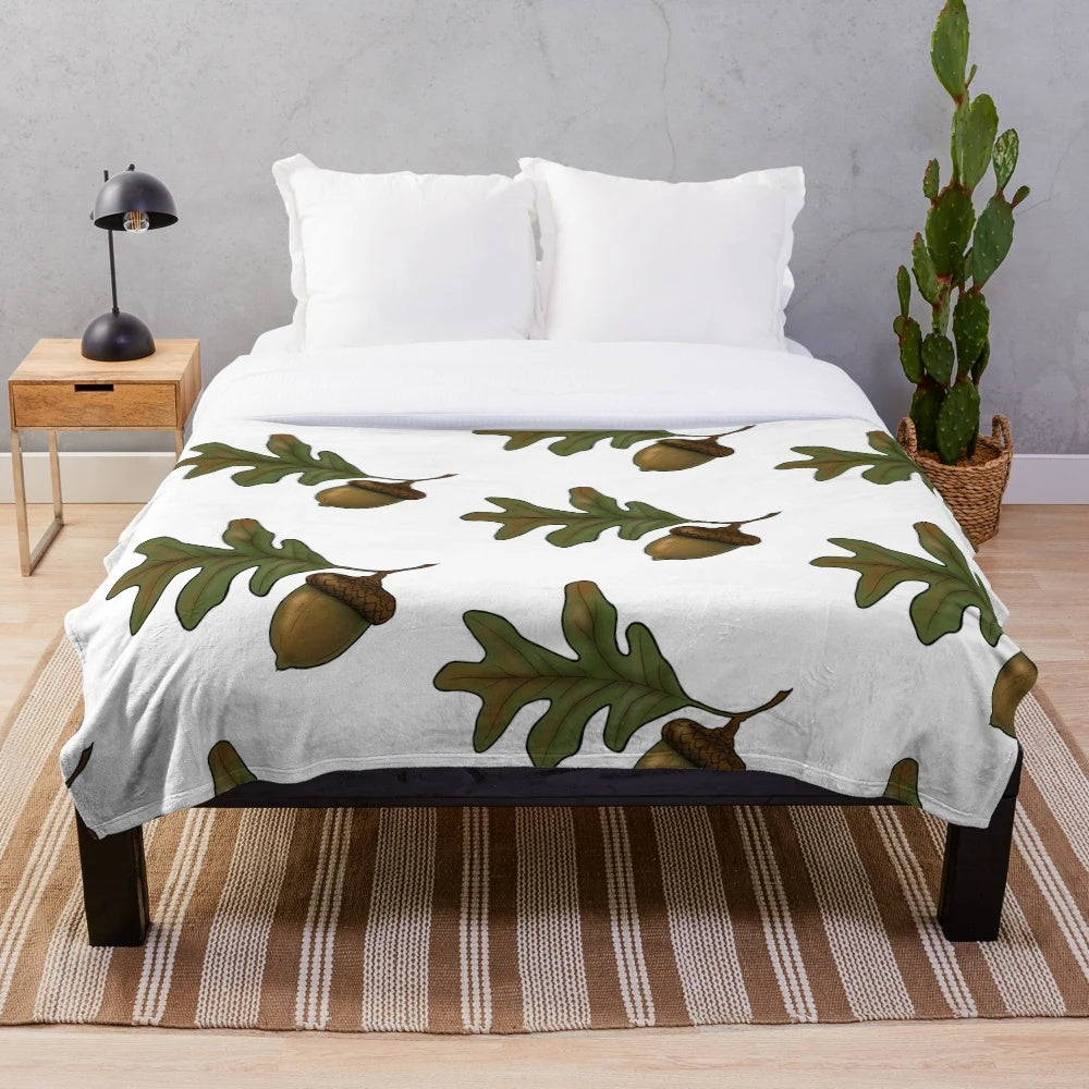Acorn plush blanket with oak leaf pattern