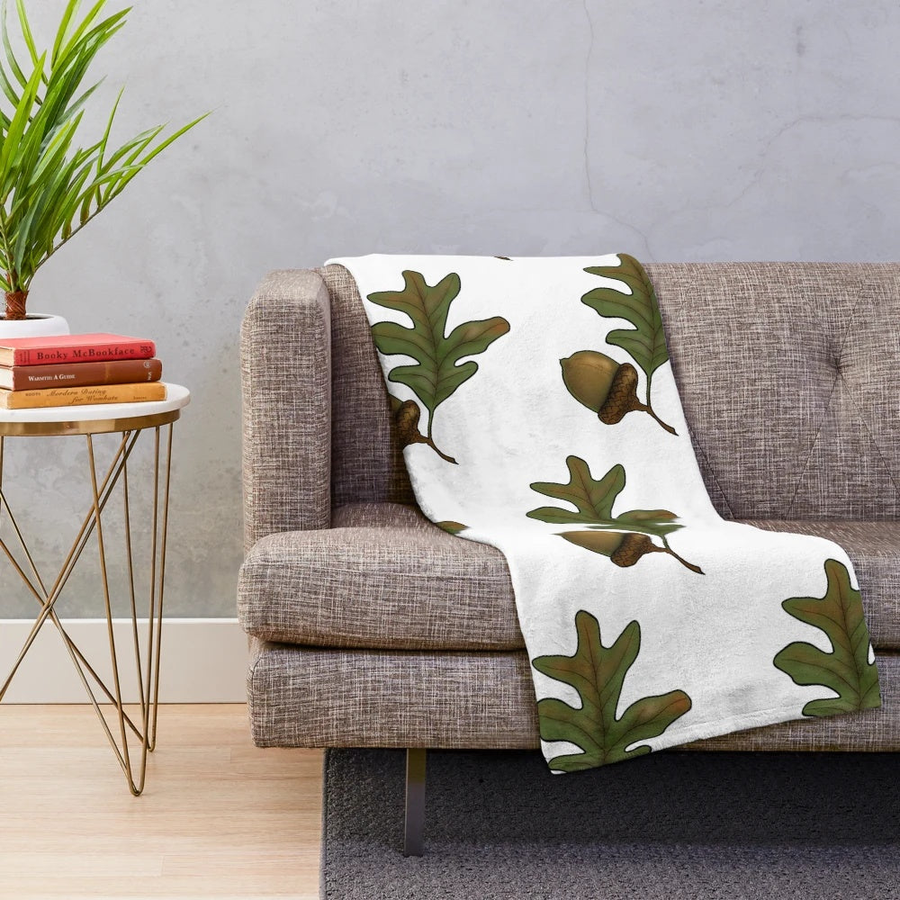 Acorn plush blanket with oak leaf pattern