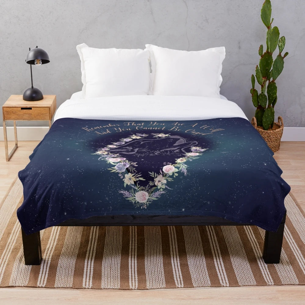 ACOWAR" wolf plush blanket featuring characters from the fantasy book series