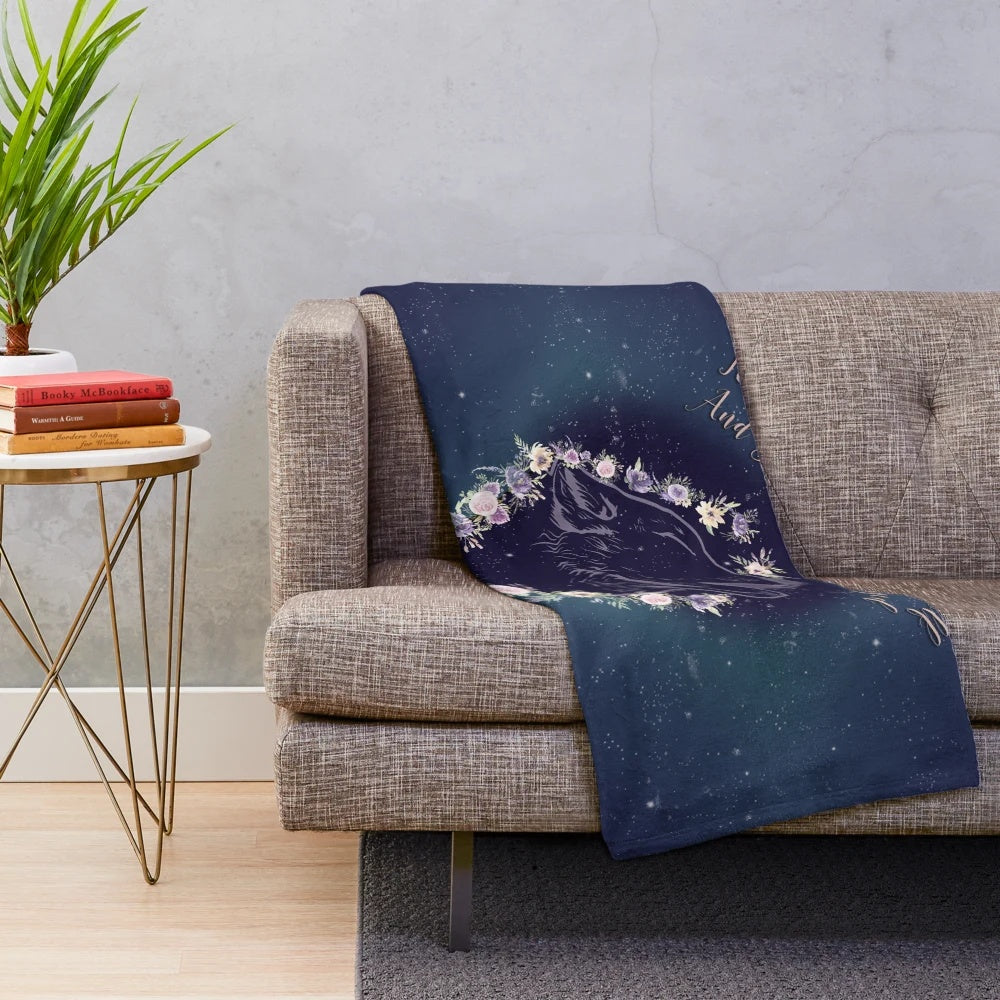 ACOWAR" wolf plush blanket featuring characters from the fantasy book series