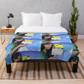 Action cinema themed plush blanket with movie clapperboard and other film elements