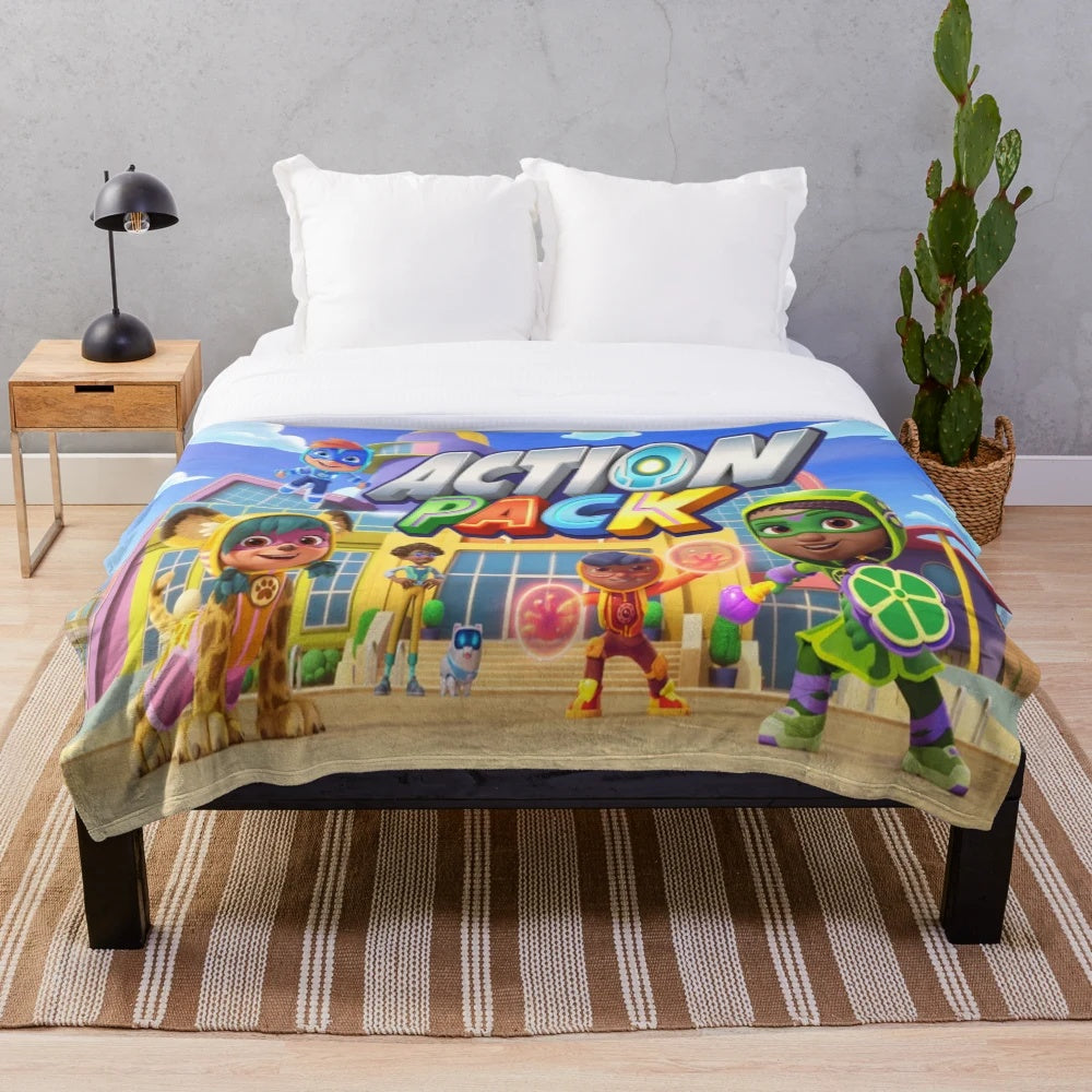 Action pack cartoon character plush blanket