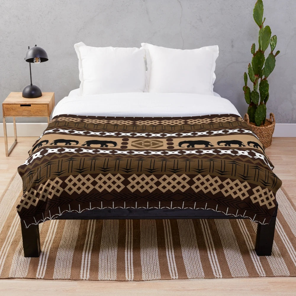 African animals elephant plush blanket with brown and tan patterns
