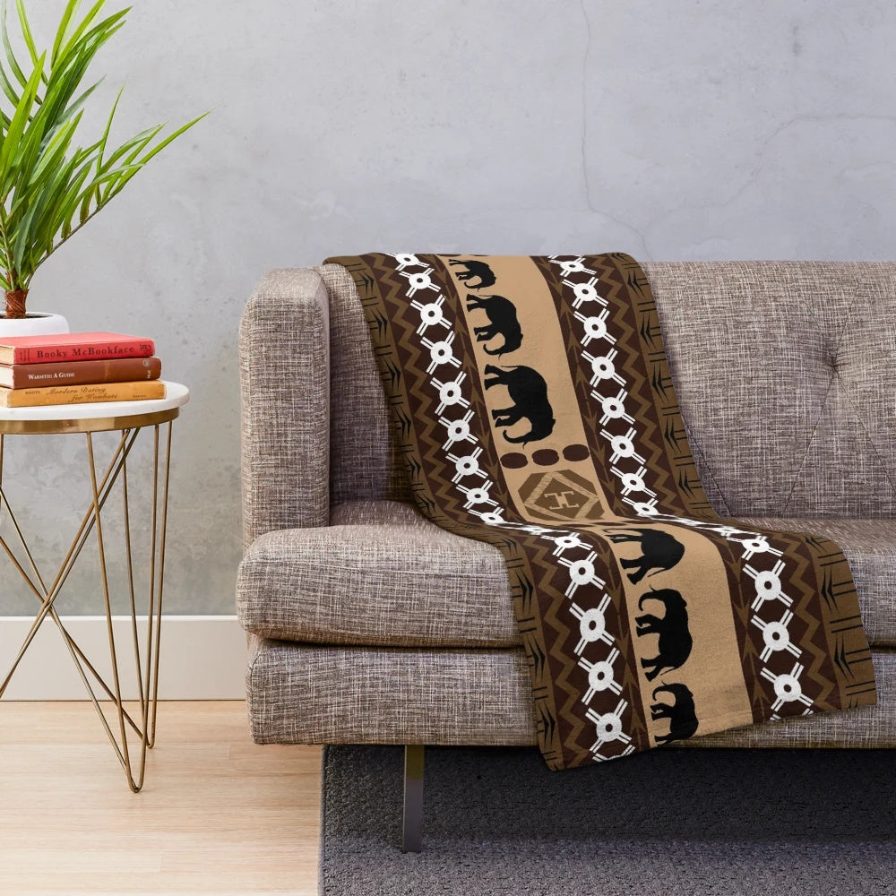 African animals elephant plush blanket with brown and tan patterns