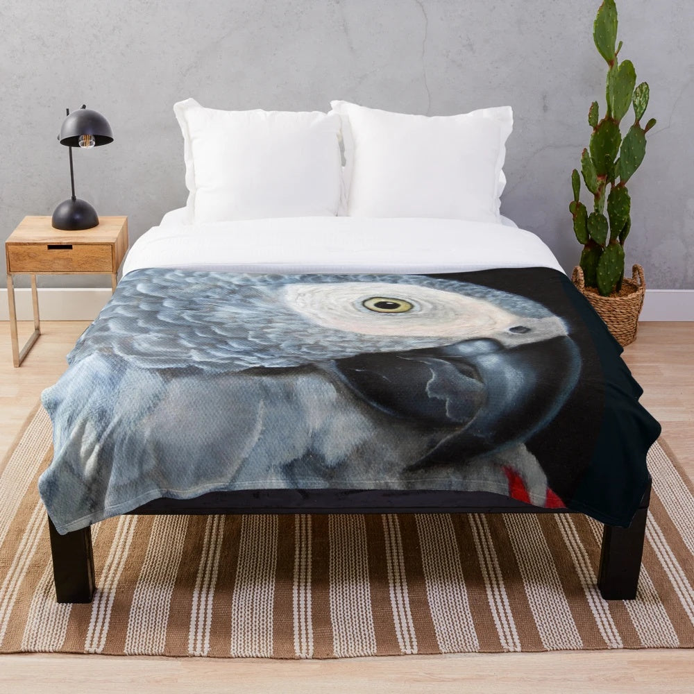 African Grey Parrot Plush Blanket with Colorful Parrot Art