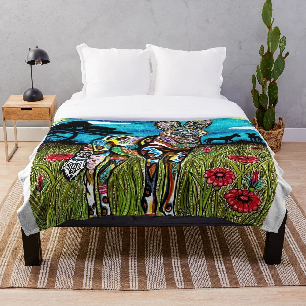 African wild dog plush blanket featuring stunning wildlife art