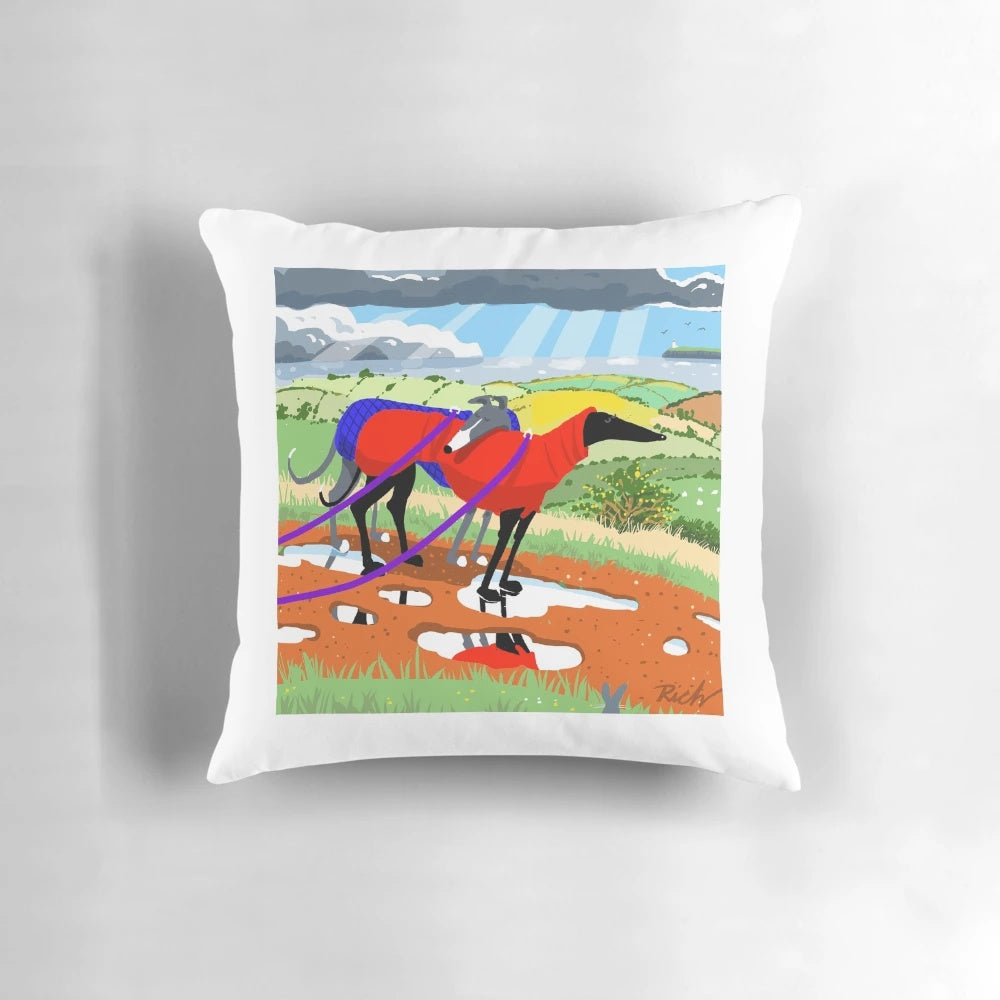 Soft, stylish "After the Rain" pillow with greyhound, whippet, and lurcher design