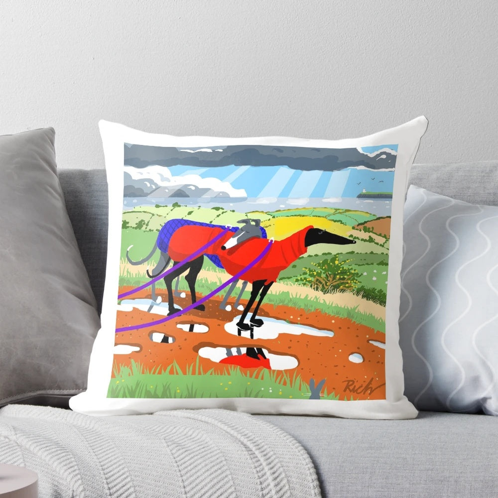 Soft, stylish "After the Rain" pillow with greyhound, whippet, and lurcher design