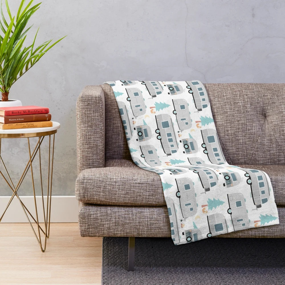 Airstream-patterned plush blanket for cozy camping and RV adventures