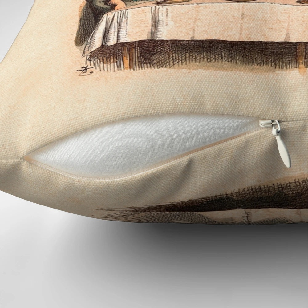 Decorative throw pillow featuring a quote from Alice in Wonderland's Mad Hatter