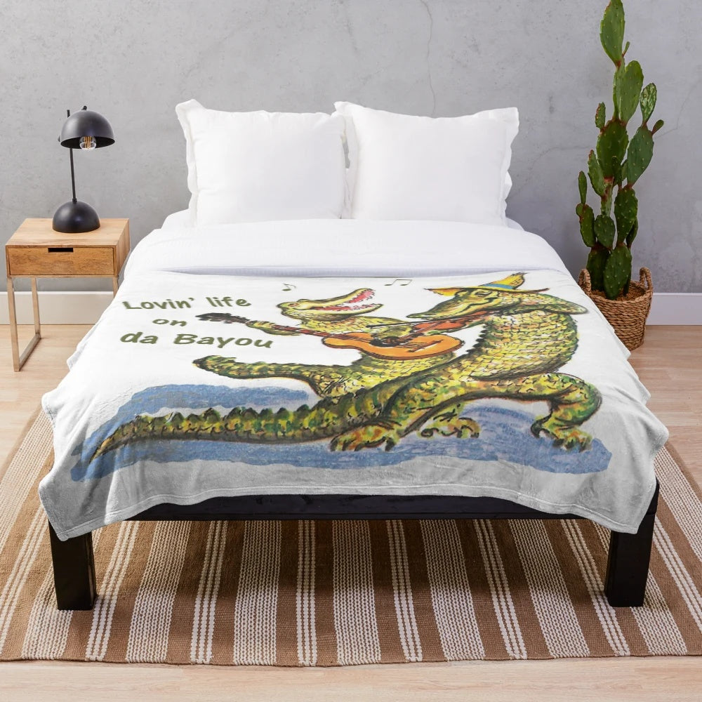 Cartoon alligator playing guitar and fiddle on a plush blanket