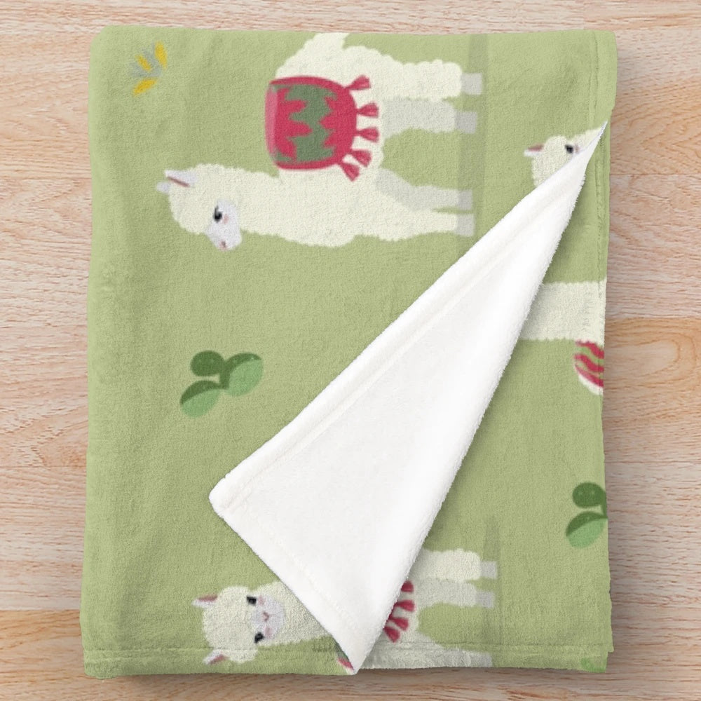Soft, fluffy alpaca plush blanket with a cute animal pattern design