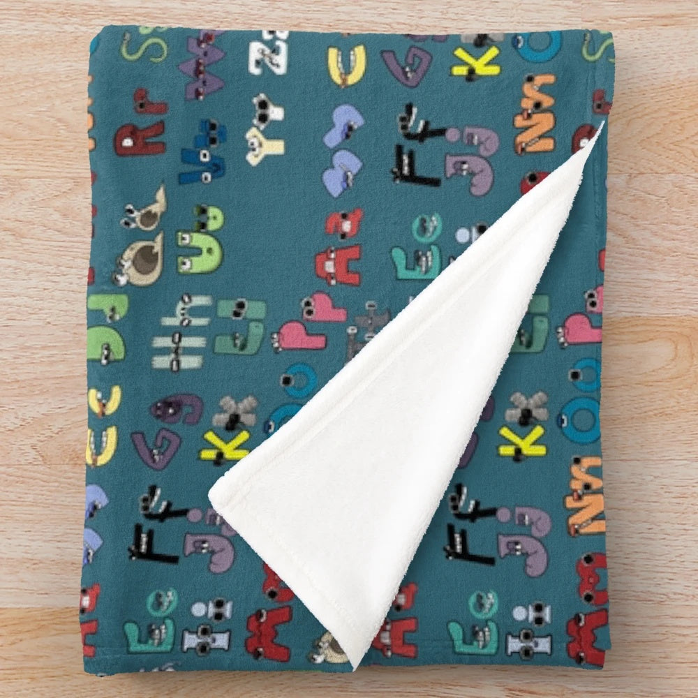 Alphabet Lore cartoon-inspired plush blanket with letters A to Z