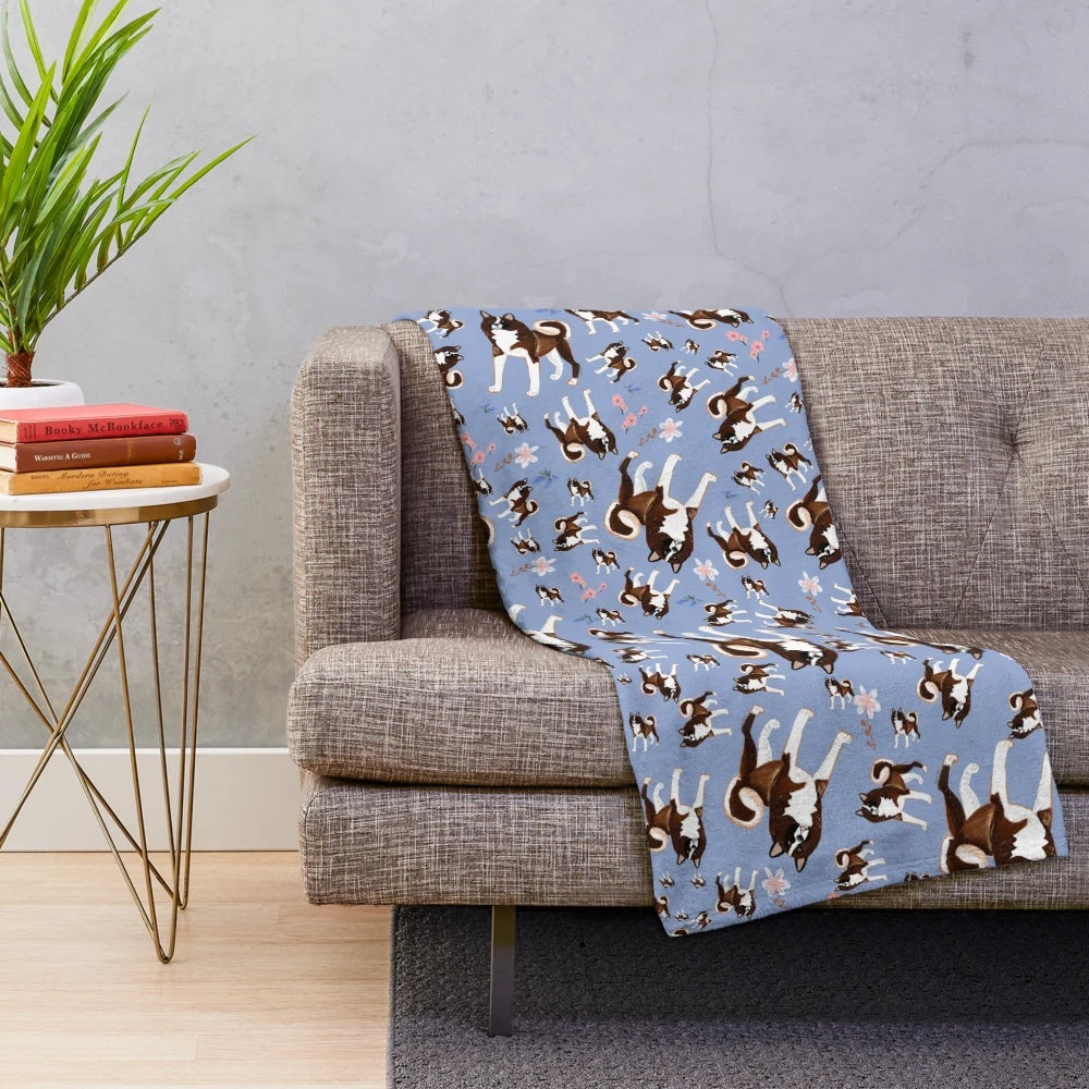 American Akita breed plush blanket with sakura flowers