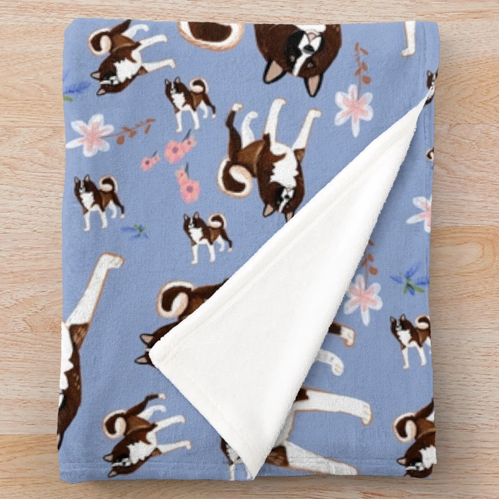 American Akita breed plush blanket with sakura flowers